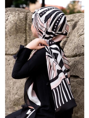 Vissona %100 Ipek Yelpaze Desenli Pudra - Siyah Renkli 92X210 Şal