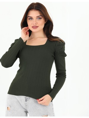 Pinpery Kadın Haki Yeşili Kolu Pileli Büzgülü Prenses Kol Kare Yaka Bluz Kazak