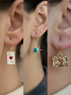 NKT Collection Bavul Mavi Kutup Yıldızı Kupa As Sembol Figürlü 3’lü Kadın Küpe Set