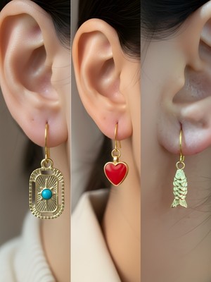 NKT Collection Balık Tablet Kutup Yıldızı Kırmızı Kalp Sembol Figürlü 3’lü Kadın Küpe Set