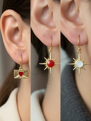 NKT Collection Beyaz Kutup Yıldızı Kırmızı Kutup Yıldızı Kalp Zarf Sembol Figürlü 3’lü Kadın Küpe Set