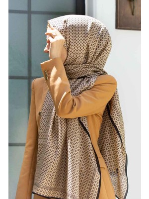 Vissona %100 Ipek Zincir Desenli Bej - Siyah Renkli Şal