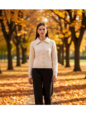 Benerly Kadınların Günlük Özel Dantel Detaylı Polo Yaka Uzun Kollu Triko Hırka Rahat Kesim Konforlu Dokunuş