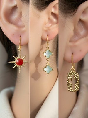 NKT Collection Kaktüs Turkuaz Yonca Kırmızı Kutup Yıldızı Sembol Figürlü 3’lü Kadın Küpe Set