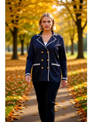 Benerly Kadın Çift Düğmeli Triko Blazer Hırka Çizgili Detaylı Ceket Yaka Uzun Kollu Şık Bir Görünüm