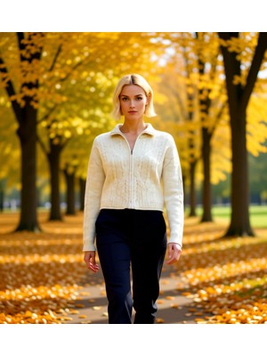 Benerly Kadın Konforlu Yumuşak Dokulu Oversize Kesim Fermuarlı Dik Yaka Saç Örgülü Uzun Kollu Triko Hırka