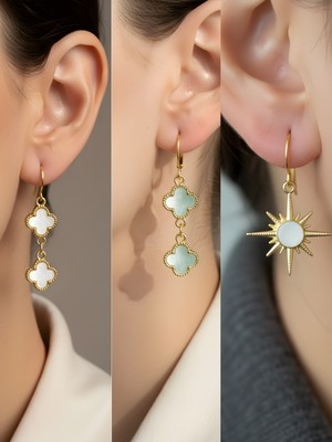 NKT Collection Beyaz Kutup Yıldızı Turkuaz Yonca Beyaz Yonca Sembol Figürlü 3’lü Kadın Küpe Set