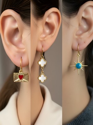 NKT Collection Mavi Kutup Yıldızı Beyaz Yonca Kalp Zarf Sembol Figürlü 3’lü Kadın Küpe Set