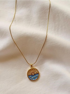 Melanj Craft Mineli Mavi Çelik Kolye - Gold