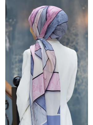 Vissona 100% Ipek Mermer Desenli Pudra - Bebe Mavisi Renkli Şal