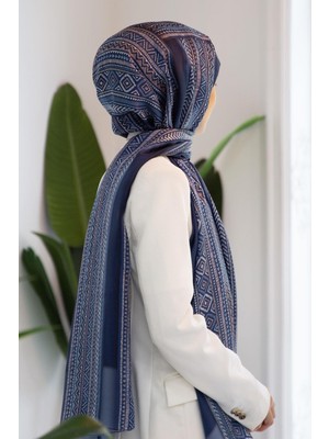 Vissona %100 Ipek Etnik Desenli Lacivert - Indigo Renkli Şal