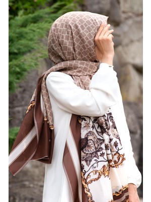 Vissona %100 Ipek Dokuma Çiçek Desenli Kahve - Bej Renkli 92X210 Şal