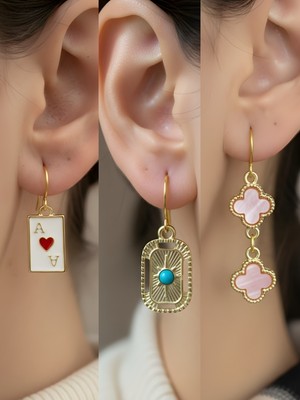 NKT Collection Pembe Yonca Tablet Kutup Yıldızı Kupa As Sembol Figürlü 3’lü Kadın Küpe Set