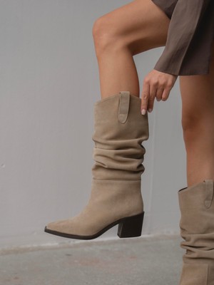 Ece'nin Butiği Dunee Bej Süet Hakiki Deri Kadın Çizme