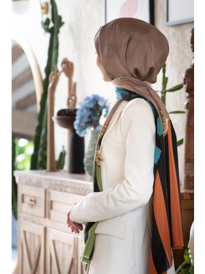 Vissona %100 Ipek Şerit ve Varak Desenli Taba - Haki Renkli 92X210 Şal