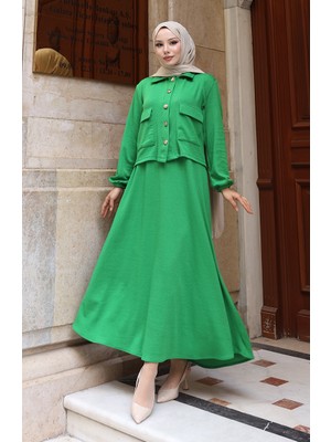 Fitilli Düğmeli Ceket Elbise Tesettür Takım 0219-05 Yeşil