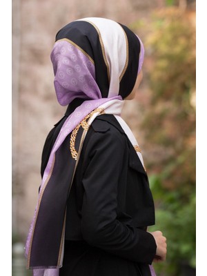 Vissona 100% Ipek Geometrik Desenli Lila - Siyah Renkli Şal