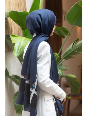 Vissona %100 Ipek Çiçek Desenli Lacivert Renkli 92X210 Şal