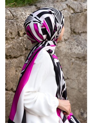 Vissona %100 Ipek Yelpaze Desenli Fuşya - Siyah Renkli 92X210 Şal