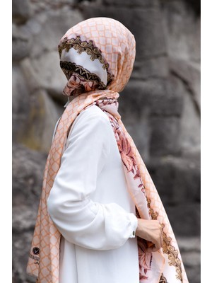 Vissona %100 Ipek Yaprak Desenli Somon - Gold Renkli 92X210 Şal