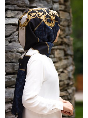 Vissona %100 Ipek Monogram ve Varak Desenli Lacivert - Gold Renkli 92X210 Şal