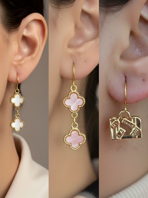 NKT Collection Bavul Pembe Yonca Beyaz Yonca Sembol Figürlü 3’lü Kadın Küpe Set