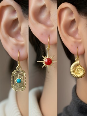 NKT Collection Deniz Kabuğu Tablet Kutup Yıldızı Kırmızı Kutup Yıldızı Sembol Figürlü 3’lü Kadın Küpe Set