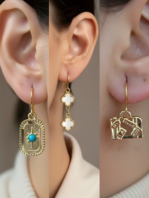 NKT Collection Bavul Tablet Kutup Yıldızı Beyaz Yonca Sembol Figürlü 3’lü Kadın Küpe Set