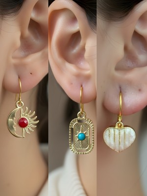 NKT Collection Beyaz Kalp Tablet Kutup Yıldızı Ay Güneş Sembol Figürlü 3’lü Kadın Küpe Set