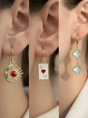 NKT Collection Turkuaz Yonca Kupa As Ay Güneş Sembol Figürlü 3’lü Kadın Küpe Set