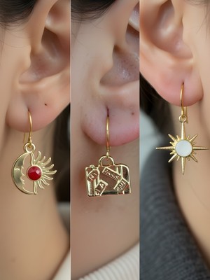 NKT Collection Beyaz Kutup Yıldızı Bavul Ay Güneş Sembol Figürlü 3’lü Kadın Küpe Set