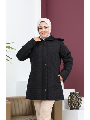 Sefa Merve Büyük Beden Kare Desen Kapitone Mont 6141-01 Siyah