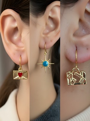 NKT Collection Bavul Mavi Kutup Yıldızı Kalp Zarf Sembol Figürlü 3’lü Kadın Küpe Set