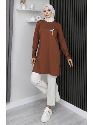 Dijital Kumaş Yırtmaçlı Tunik 9135-01 Kahverengi