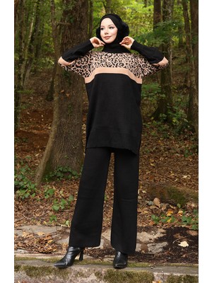 Triko Desenli Garnili Tunik Pantolon Ikili Takım 1013-08 Sütlü Kahve Siyah