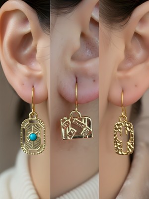 NKT Collection Kaktüs Bavul Tablet Kutup Yıldızı Sembol Figürlü 3’lü Kadın Küpe Set