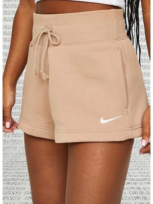 Nike Fleece Loose Fit Shorts Bol Kesim Yüksek Belli Polarlı Cepli Kadın Şort Bej