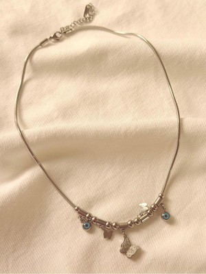 Melanj Craft Kelebek ve Nazar Boncuk Sembollü Çelik Kolye - Silver