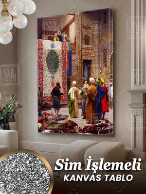 SML Tablo Sim Işlemeli Osmanlı Halı Tüccarı Jean Leon Gerome Pırıltılı Simli Dikey Kanvas Tablo
