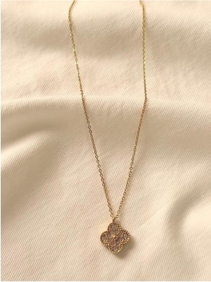 Melanj Craft Büyük Yonca Siyah - Taşlı Çelik Kolye - Gold