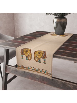 Alkan Homes Krem Zemin Fil Temalı Leke Tutmaz Kumaş Kenarları Dikişli Dekoratif Masa Örtüsü Runner 45×100 cm
