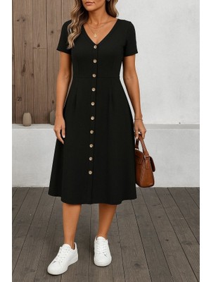 Bosel Kadın Kısa Kollu V Yakalı Önden Düğmeli A Kesim Dokuma Elbise