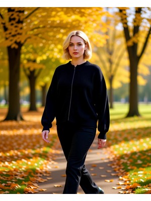 Benerly Kadın Düşük Omuz Fermuarlı Bisiklet Yaka Selanik Örgü Triko Hırka Rahat ve Şık Kombinler Spor