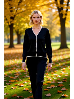 Benerly Kadın Açık Koyu Kontrast Detaylı Inci Düğmeli V Yaka Uzun Kollu Triko Hırka Zamansız ve Modern