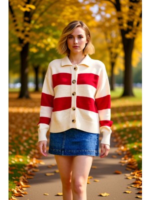 Benerly Genç Kadın Çizgili Polo Yaka Triko Hırka Konforlu Selanik Örgü Dokusuyla Günlük Şıklığınıza Yeni Bir