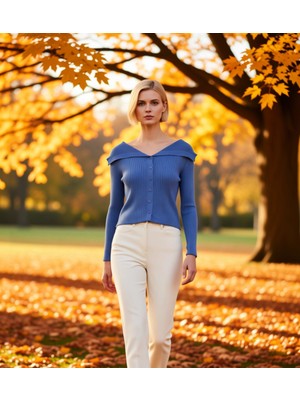 Benerly Kadın Devrik Yaka Fitilli Triko Hırka Uzun Kollu Crop Kesim Rahat ve Şık Kombinlerin Vazgeçilmezi