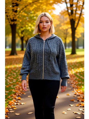 Benerly Kadın Rahat Kesim Saç Örgü Desenli Kapüşonlu Fermuarlı Triko Hırka Kışlık Kombinlerinize Şıklık