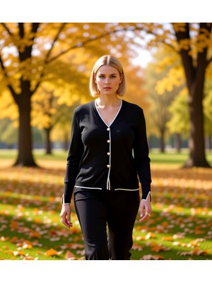 Benerly Kadın V Yaka Düğme Detaylı Şeritli Uzun Kollu Regular Kesim Triko Hırka Casual Giyim Stili