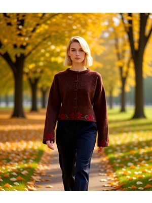 Benerly Kadın Yumuşak Dokulu Geniş Kalıp Çiçek Nakış Detaylı Düğmeli Uzun Kollu Triko Hırka Modeli