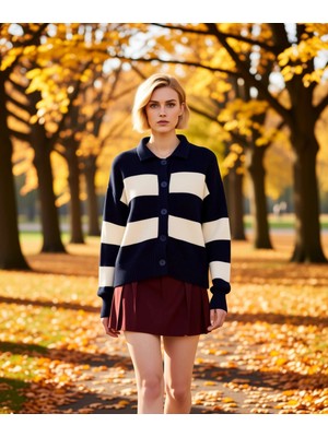 Benerly Genç Kadın Çizgili Polo Yaka Triko Hırka Konforlu Selanik Örgü Dokusuyla Günlük Şıklığınıza Yeni Bir